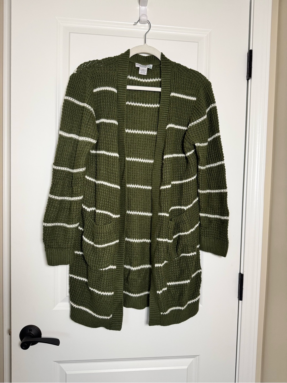 Emma’s Expressions Maternity Olive & White Striped Open-Front Cardigan